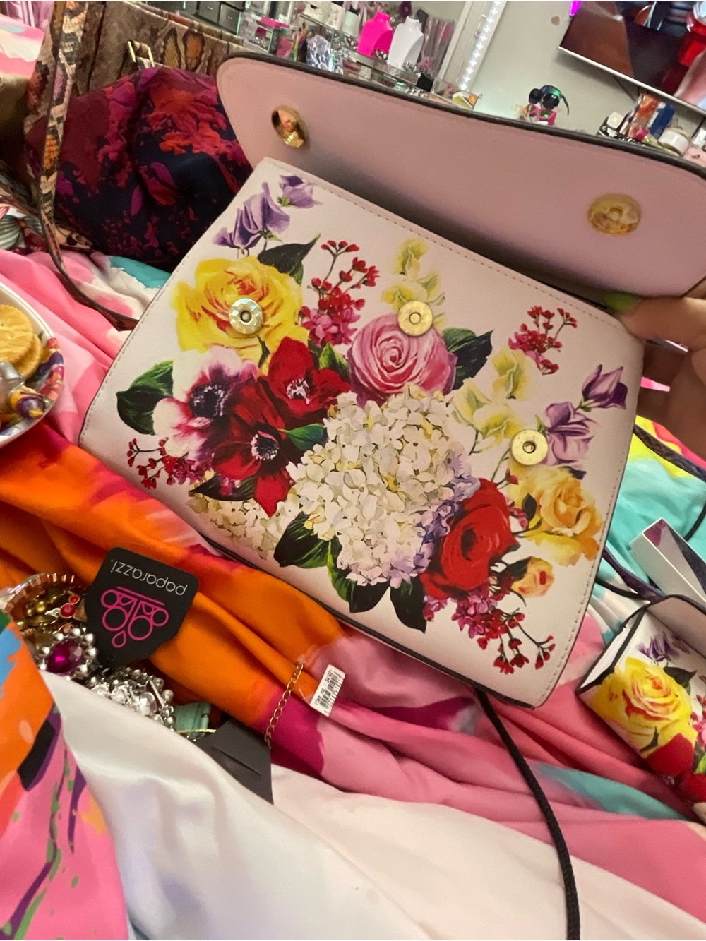 Source Unknown Cream Floral Crossbody Bag with Multicolor Blooms